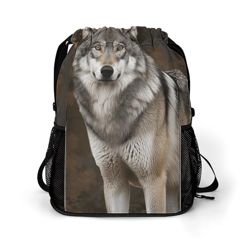 Drawstring Gym Backpack with Shoe Compartment And Wet Pocket, 28L Lightweight Waterproof Wild Wild Gray Wolf Sports Backpack for Workout Swim Beach Travel String Bag for Men Women