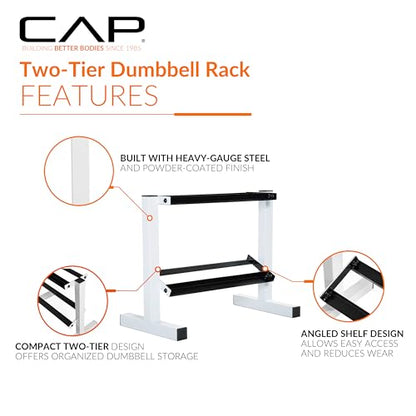 CAP 150 LB Dumbbell Set with 2-Tier Rack, Rubber Hex Free Weights Set, Home Gym Weight Set with Horizontal Storage Rack for Strength Training - color: White, style: 150bs Set - Black Handles