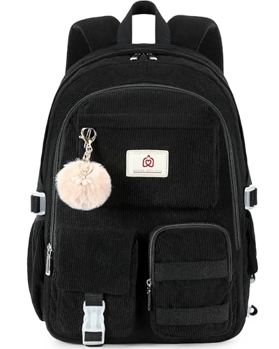 Hidds School Backpack for Teens Girls Women 15.6 Inch Laptop College Backpacks Corduroy Kids Bookbag Students Travel Daypack Womens (Black) - color: Black