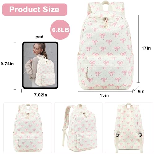 Bluboon School Backpack for Teen Girls Women Laptop Backpack College Bookbags Middle School Travel Work Commuter Back Pack - color: Pink Bow Beige