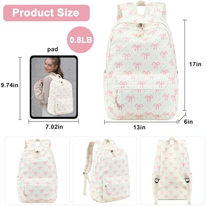 Bluboon School Backpack for Teen Girls Women Laptop Backpack College Bookbags Middle School Travel Work Commuter Back Pack - color: Pink Bow Beige