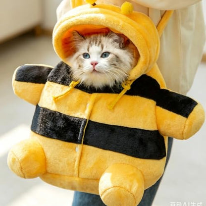 Cat Puppy Warm Carrier Backpack Cute Bear Bee Design Head Out Adjustable Hood Safety Clip for Cat Small Dog (bee,Large) - color: bee, size: Large
