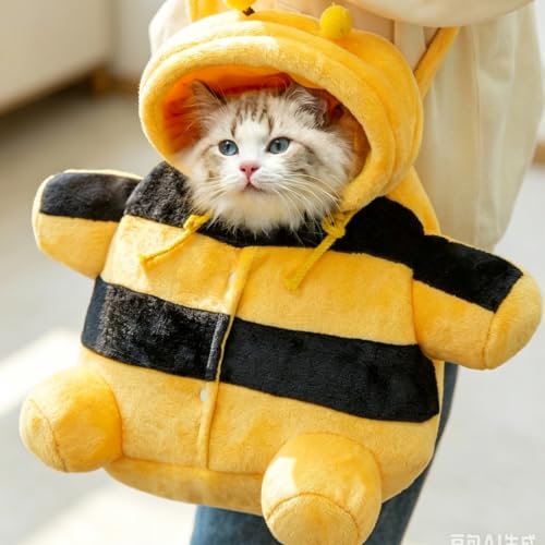 Cat Puppy Warm Carrier Backpack Cute Bear Bee Design Head Out Adjustable Hood Safety Clip for Cat Small Dog (bee,Large) - color: bee, size: Large