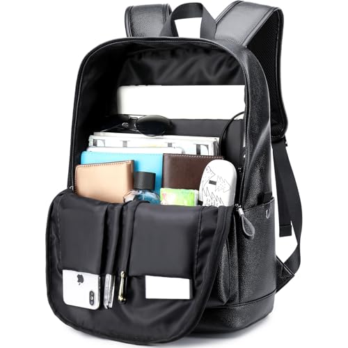 weiatas Black Leather Laptop Backpack for Men Women Work Travel, College School Backpack Casual Daypack fits 15.6 Inch