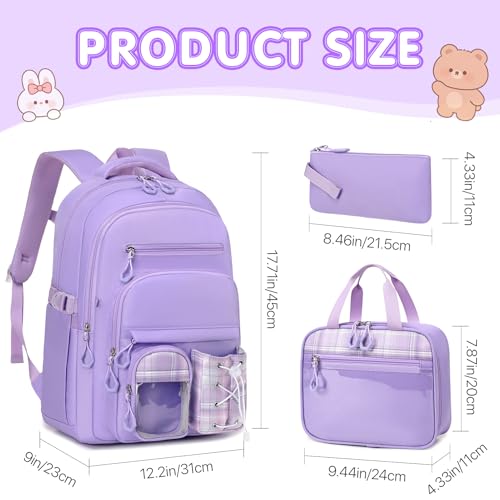GeeWin Girls Backpack for School with Lunch Box & Pencil Case Set, 17 Inch Stylish Plaid Girls Bookbag with Lots of Pockets for Kids, Teens, Elementary Middle High College School Student (Purple) - color: Purple