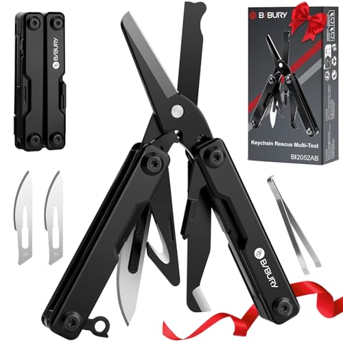BIBURY Mini Multitool BI2052AB, EDC Multitool Scissors w/Window Breaker, Seat Belt Cutter, Bottle Opener for Outdoor Survival, TSA Approved Keychain Multi-tool Cool Gadget, Gift for Men Women - color: Black, size: Scissors