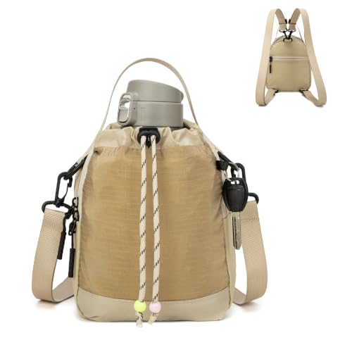 Water Bottle Carrier Bag with Strap, Water Bottle Holder Crossbody Backpack Handbags for Women Men for Hiking,Cycling - color: Khaki