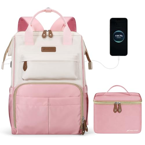 Maelstrom Travel Backpack for Women Men,Laptop Backpack Fits 15.6-17.3 Inch Laptop, Nurse/Work Bag with Insulated Lunch Box (Pink-beige) - color: Pink-beige