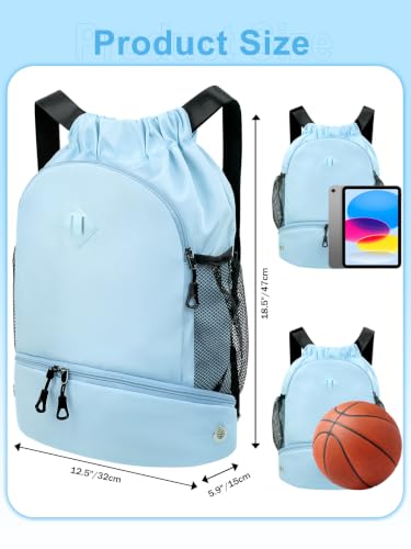 RHDZO Drawstring Backpack with Shoe Compartment and Wet Pocket, Large Blue - color: Large Blue, size: Large
