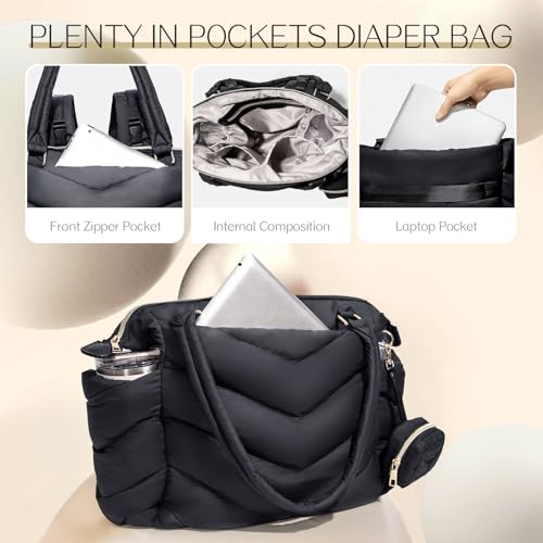 Diaper Bag Tote, Diaper Bag Backpack,Puffer Tote Bag with Pacifier Case, Lightweight Mommy for Hospital, Puffy with 10 Pockets, Convertible Baby for Travel, Black - color: Black
