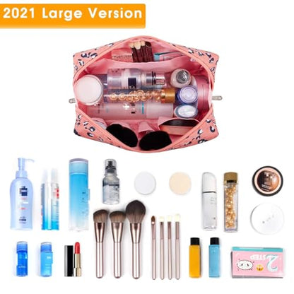 Narwey Cute Cheetah Makeup Bag Travel Cosmetic Bag Organizer Toiletry Bag Make Up Bags with Compartments for Women Girls (Large, Leopard) - color: Leopard, style: Large