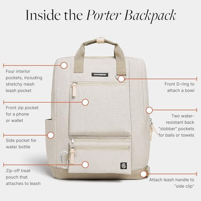 Cleverpup Porter 2-in-1 Dog Gear Backpack – Premium Dog Travel Bag with 10 Pockets, Zip-Off Treat Pouch, Leash Clip, Waterproof Pockets & Water Bottle Holder – Weekend, Hiking, Camping, Sand - color: Sand