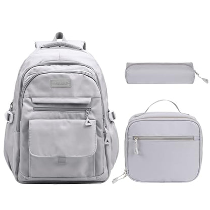 Phaoullzon Teen Girls School Backpack with Lunch Box for Boys, College Aesthetic Laptop Bookbag for Women,Grey - color: Grey