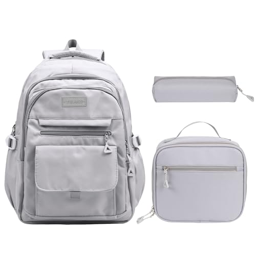 Phaoullzon Teen Girls School Backpack with Lunch Box for Boys, College Aesthetic Laptop Bookbag for Women,Grey - color: Grey