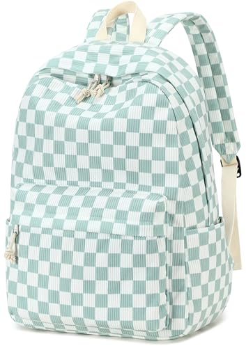Bluboon School Backpack for Teen Girls Bookbags Elementary High School Corduroy Laptop Bags Women Travel Daypacks - color: Mint Green White Checkered