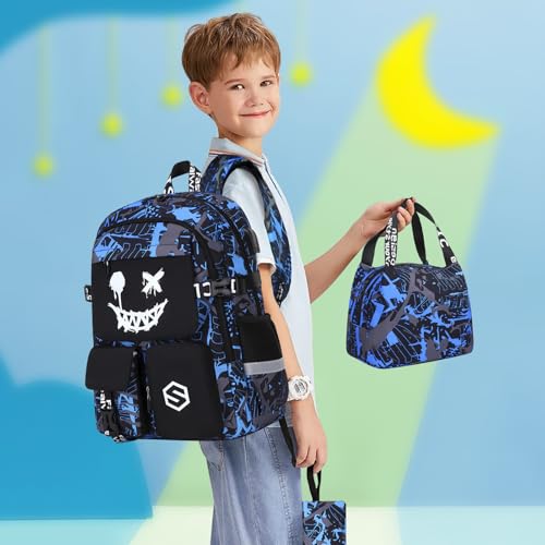 Scothen Boys Backpack, Cool Luminous School Backpacks for Boys with Lunch Bag Pencil Case, Kids Backpack Kindergarten Elementary Middle School Book Bags for Teen Boy Children with USB Charging Port - color: Blue Face