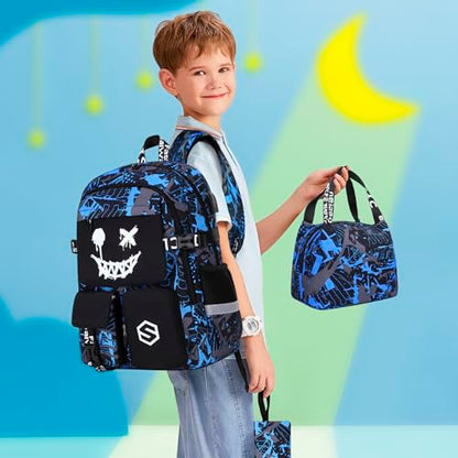 Scothen Boys Backpack, Cool Luminous School Backpacks for Boys with Lunch Bag Pencil Case, Kids Backpack Kindergarten Elementary Middle School Book Bags for Teen Boy Children with USB Charging Port - color: Blue Face