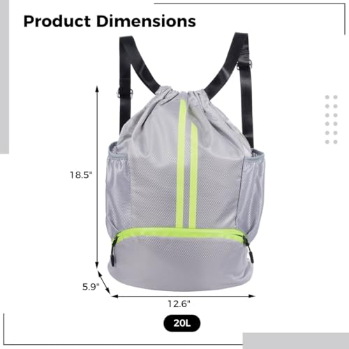 Soccer Sports Backpack with Separate Shoe Compartment & Waterproof Wet-Dry Storage, 20L Drawstring Gym Bag for Boys and Girls, Gray