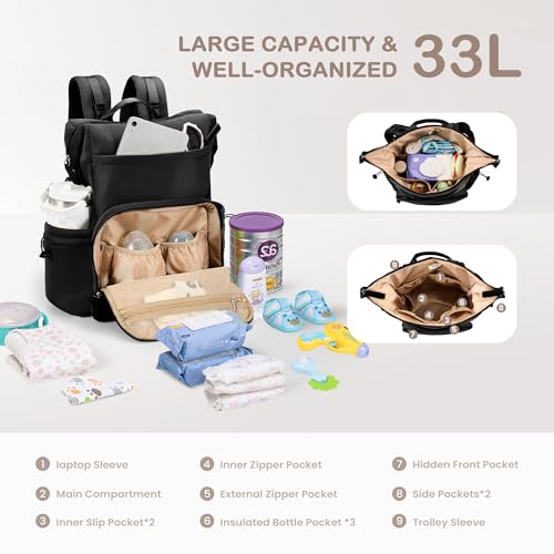 VONAL Neoprene Diaper Bag Backpack with Changing Pad, 33L Large Capacity Neoprene Backpack Baby Diaper Bag with Insulated Pockets, Travel Diaper Backpack Baby with 12 Pockets for Mom & Dad, Black - color: Dark Black
