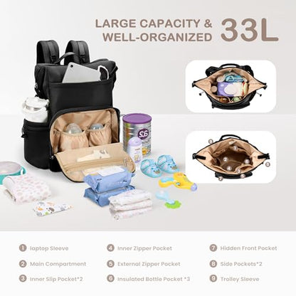 VONAL Neoprene Diaper Bag Backpack with Changing Pad, 33L Large Capacity Neoprene Backpack Baby Diaper Bag with Insulated Pockets, Travel Diaper Backpack Baby with 12 Pockets for Mom & Dad, Black - color: Dark Black