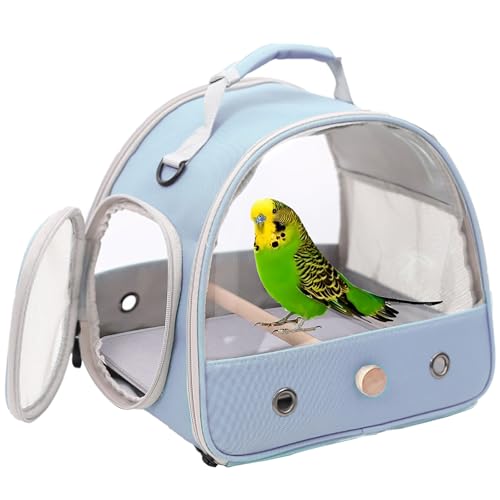 Bird Carrier, Portable Small Bird Parrot Parakeet Carrier with Standing Perch and Stainless Steel Tray, Side Access Window Collapsible (Blue, Clear Windows) - color: Blue