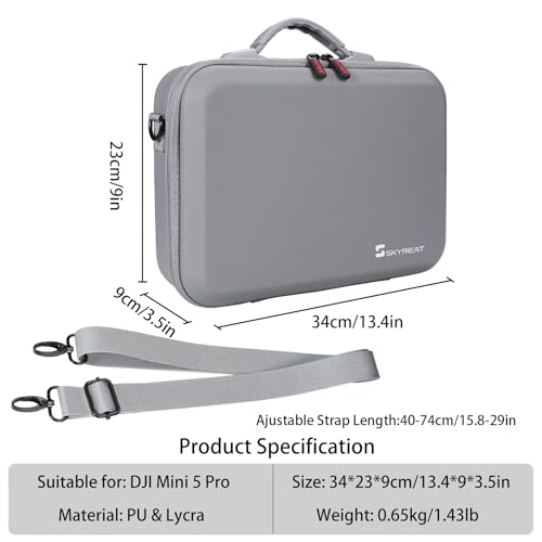 Skyreat Mini 5 Pro Case – PU Leather Hard Carrying Case Compatible with DJI Mini 5 Pro Fly More Combo, RC 2 Display Controller, Drone, Batteries, ND Filters & Accessories
