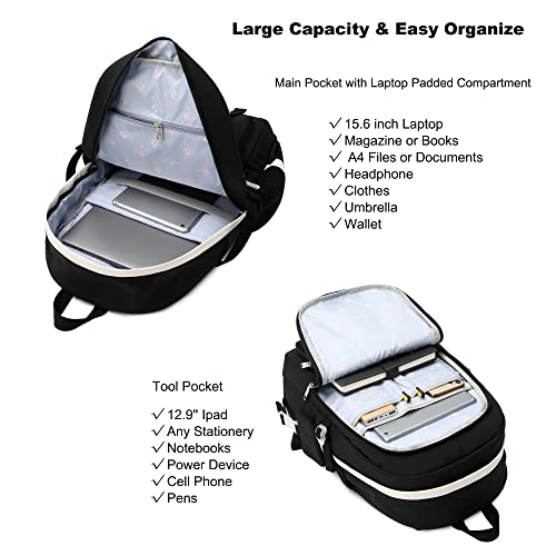 Backpack for Girls with Accessories Laptop Bookbags 16 Inch Kawaii Kids Elementary Middle High School Bag College Travel Daypack Gifts for Teens Women Students (Black) - color: Black