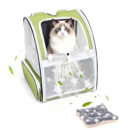 Cat Backpack Carrier with Washable Bed Mat Breathable Cat Carrier Large Space Medium Small Dog Puppy Kitty Ventilated Mesh Pet Backpack for Cats Travel Walking Outdoor Use(Green 13.8" Lx11.4 Wx16 H)
