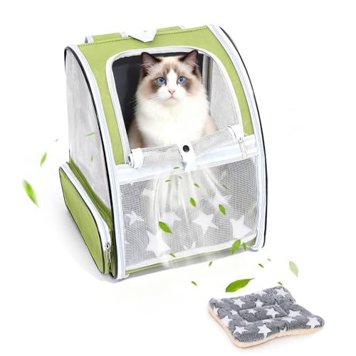 Cat Backpack Carrier with Washable Bed Mat Breathable Cat Carrier Large Space Medium Small Dog Puppy Kitty Ventilated Mesh Pet Backpack for Cats Travel Walking Outdoor Use(Green 13.8" Lx11.4 Wx16 H)