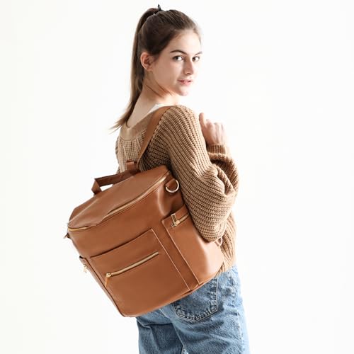 miss fong Diaper Bag Backpack Baby Diaper Bag, Large Leather Diaper Bag Backpack with Changing Pad,Pañaleras Para Bebe for Moms, Stroller Straps, and 2 Insulated Pockets(Convertible, Brown) - color: Brown