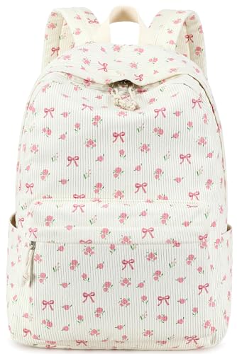BTOOP School Backpack for Girls Teens Large Corduroy Bookbag Lightweight 15.6 inch Laptop Bag for Women Casual High School College (Pink Bow Floral) - color: Pink Bow Floral