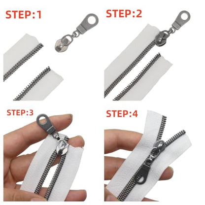 MebuZip #5 Gunmetal Metallic Nylon Coil Zippers by The Yard Bulk Coil Zipper Roll 10 Yards with 25pcs Pulls for DIY Sewing Craft Bags (White) - color: Gunmetal White