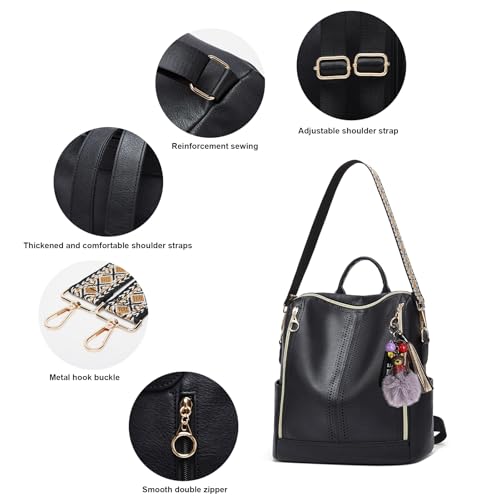 Makes Backpack Purse for Women PU Leather Travel Satchel Handbag Convertible Design Bag with Purse - color: Black Quadruple Zipper