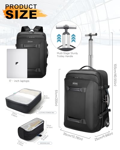 Backpack with wheels,Rolling laptop backpack with 2 Packing Cubes,Water-Resistant,Wheeled backpack Suitcase for Men Adults to Travel, Commuting,Black - color: Black-three