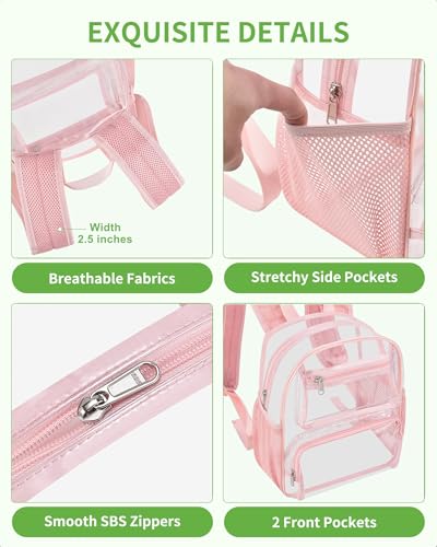 MAY TREE Small Clear Backpack Stadium Approved for Women and Men Clear Bag for Stadium Events Concert Sporting Festival, Princess Pink - color: Pink-1, style: 2 Front Pocket-1