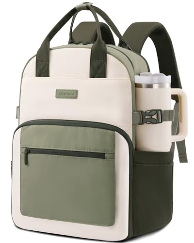 LOVEVOOK Laptop Backpack for Women - Stylish Work Backpack with Large Cup Holder, Waterproof College Teacher Backpack, Green, 15.6Inch - color: Beige-light Green-olive Green, size: 15.6 Inch