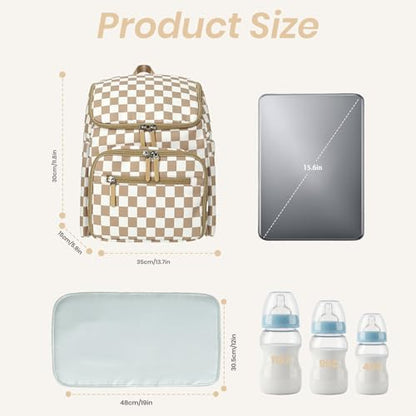 FHELAD Checkered Diaper Bag Backpack with Changing Pad & Stroller Clips, Large Travel Baby Diaper Bag for Newborn Moms, Baby Shower Gifts (Light Brown) - color: Light Brown
