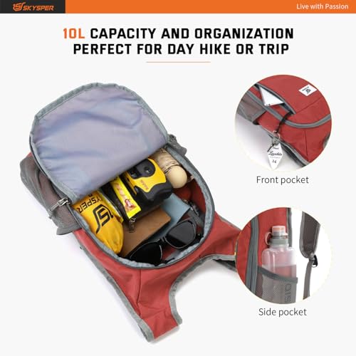 SKYSPER Small Daypack 10L Hiking Backpack Packable Lightweight Travel Day Pack for Women Men - color: Red, size: 10l