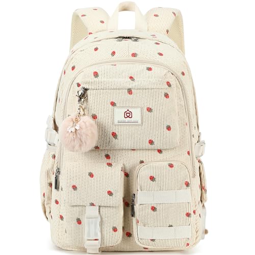 Hidds School Backpack for Teens Girls Women 15.6 Inch Laptop College Backpacks Corduroy Work Bag Kids Elementary Middle High Campus Bookbag Students Pack Travel Daypack Womens - Beige Strawberries - color: 03-corduroy Beige Strawberries
