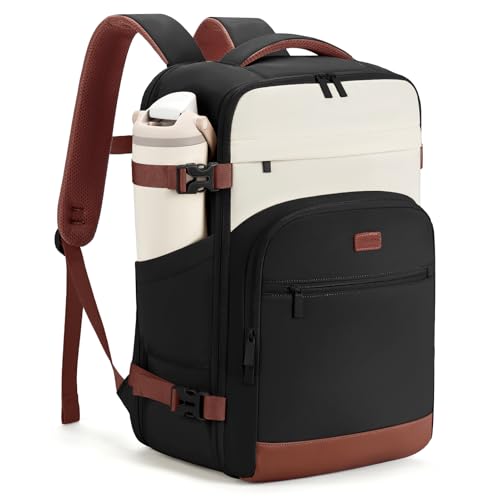 mibasies 40L Travel Backpack for Women & Men: Flight Approved Carry On Backpack, TSA Personal Item Bag with Water Bottle Pocket, Weekender Essentials Backpacks fits 17" Laptop - Black White Brown - color: Black White Brown, size: X-Large
