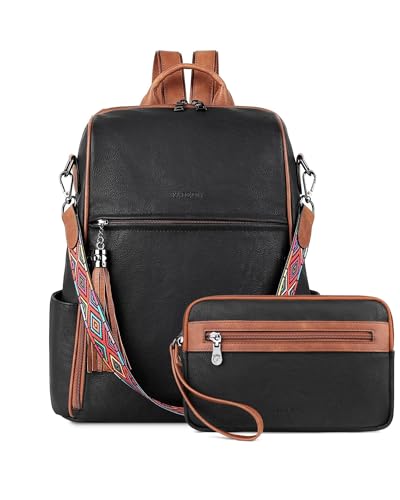FADEON Womens Backpack Purse Large Designer PU Leather Laptop Backpacks, Ladies Computer Shoulder Bags (3 Retro Black With Brown, Medium (14-in Height)) - color: 3 Retro Black With Brown, size: Medium (14-in Height)