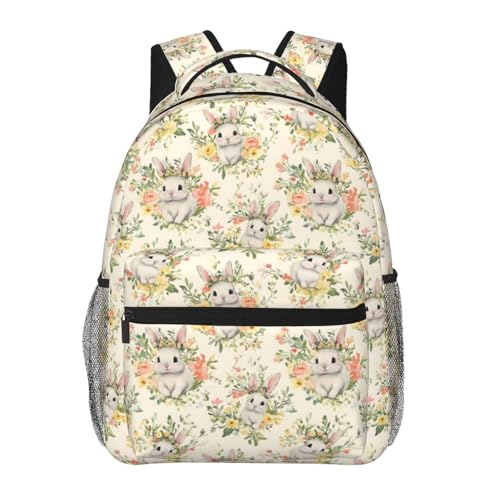 Rabbit Floral Casual Backpack, Lightweight Laptop Bag Daypack, Flower and Bunny Backpacks for Women Girls Teens Students, Cute Watercolor Polyester Bookbag Gifts for School Work Travel Hiking - color: Rabbit02