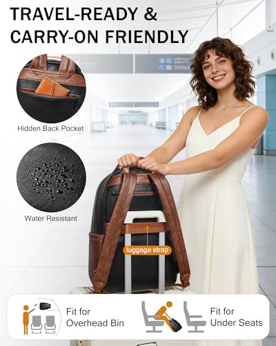 Bluome Work Backpack for Women Men, Laptop Vegan Leather Backpack Purse with 15.6–17 Inch Laptop, Multi-Pocket Bookbag for Office Travel Gym Weekend Overnight Bag, Black&Brown - color: Black&brown