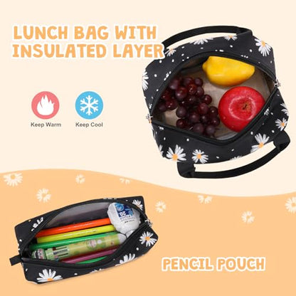 ACESAK Backpack for Girls - Girls Backpack with Lunch Bag & Pencil Pouch for Teen Kids Laptop Backpack for Women, Elementary Middle High School Bookbag Travel Daypack (Black Daisy) - color: Black Daisy