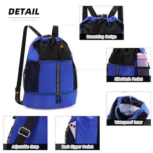 Valleycomfy Drawstring Gym Bag Sports Backpack With Shoe Compartment and Reflective Strips Royal Blue - color: Royal Blue