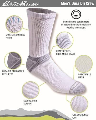 Eddie Bauer Men's Dura Dri Moisture Control Crew Socks (6 & 12 Packs) - color: White (6 Pairs)