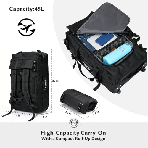 STOVER 45L Carry-On U-Zip Rolling Duffel Bag with Wheels, Medium Durable Travel Duffle w/Toiletry Bag, Heavy-Duty, Packable, Foldable w/Shoulder Straps- Use as Luggage or Backpack, Men/Women (Black) - color: U-Zip Black
