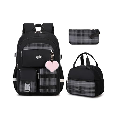 3PCS Student Backpack For School Women College Middle High Teen Girls Bookbag Waterproof Laptop Bag Plaid Black - color: Plaid Black