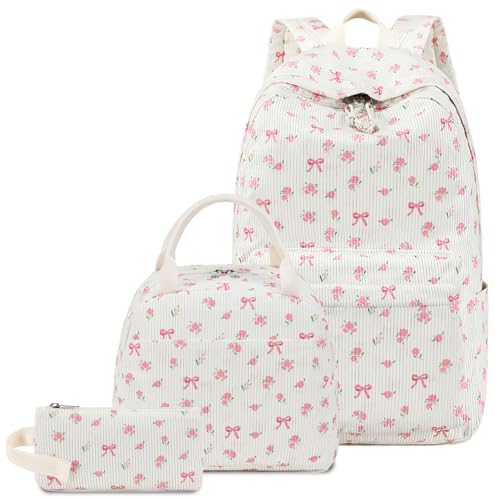 Bluboon School Backpack Set Girls Womens Laptop Bookbag Casual Daypack Fits 15 inch Laptop with Lunch Tote Bag and Pencil Bag - color: Pink Bow Flower 212-beige