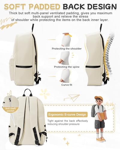 BJLFS Beige Backpack for School Women Girls, Waterproof Bookbag Cute High School Back Pack for Men Teen Boys, Lightweight Travel College Backpack Mochilas Escolares Para Casual Daypack Rucksack - color: White